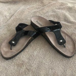 Size 9 black patten leather bjorndal sandals.